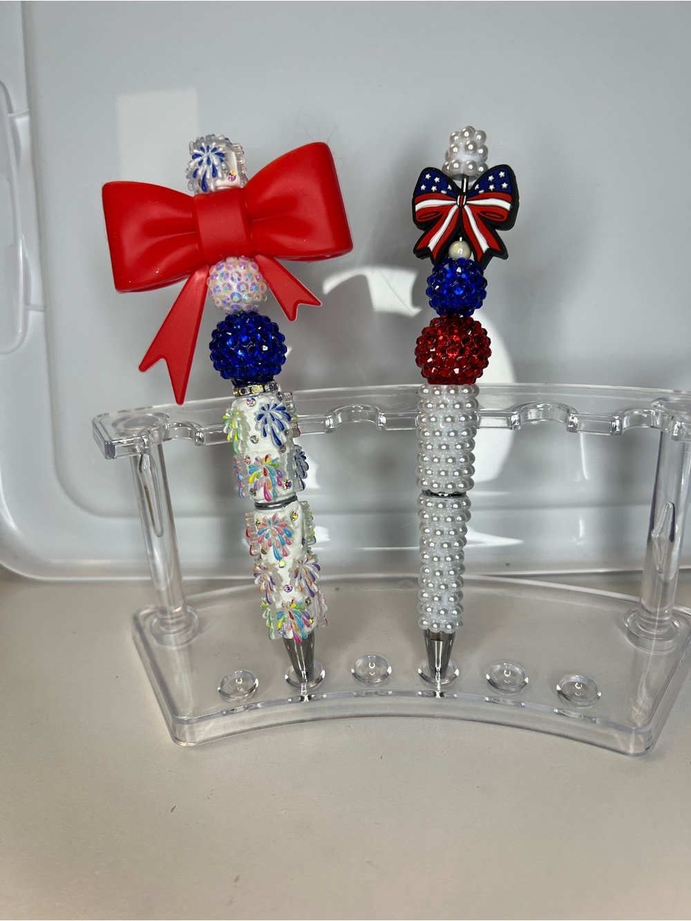 Handmade Patriotic Red Bow & Pearl Beaded Pen Duo